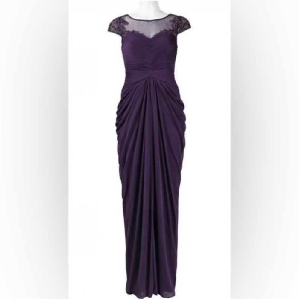 Adriana Papell Beaded Neckline Purple Ruched Gown